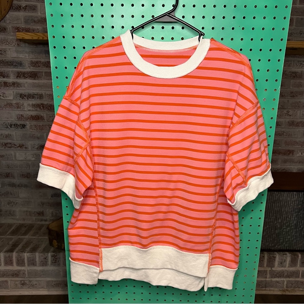 Orange and White Striped Short Sleeve Sweatshirt